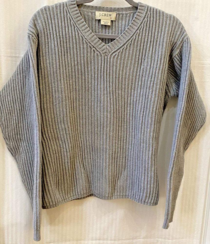 J. Crew Women M Gray Sweater Wide Knit V Neck 100 % Cotton Cozy Oversize