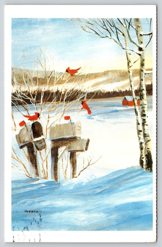 Postcard Beauty of the Season Christmas Greetings Cardinals on Winter Mailboxes
