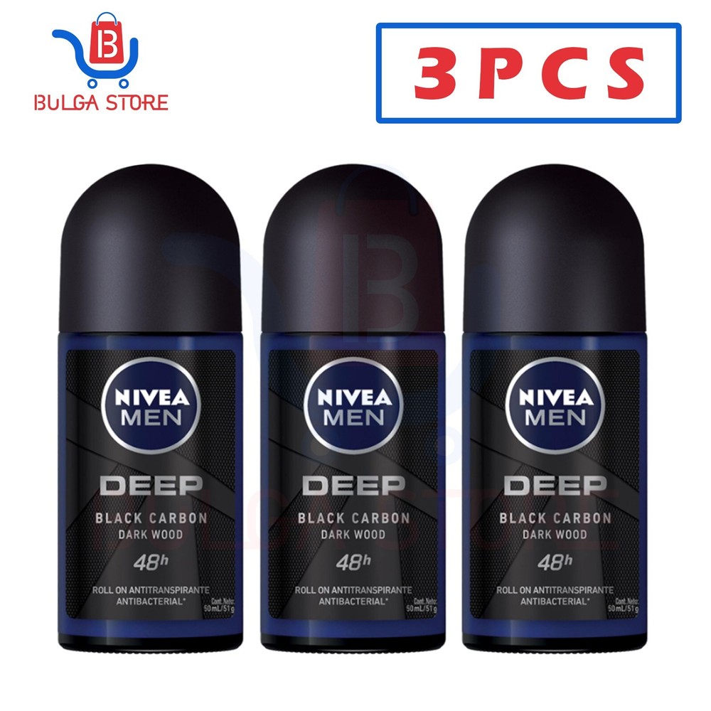 3x50ml Nivea Men Deep Black Carbon Dark Wood Roll-On Deodorant with Active Charcoal