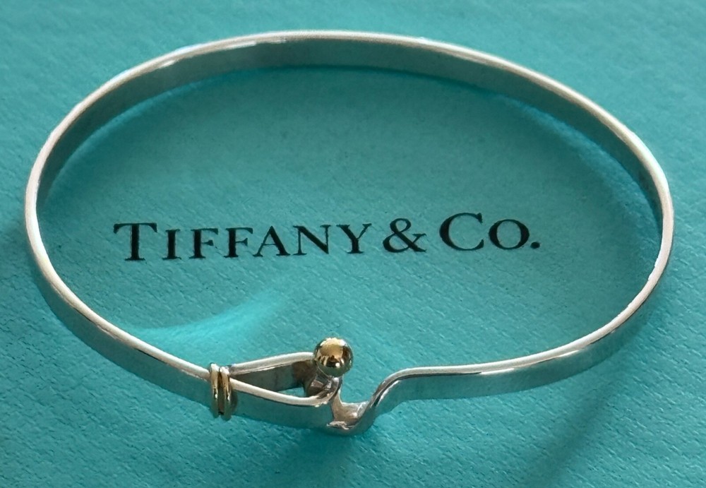 Tiffany & Co Sterling Silver 925 & 18k Gold Hook & Ball Bangle Bracelet