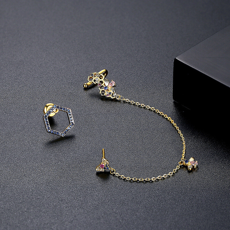 Tassel Asymmetrical Multicolor Zircon Gold Plated Women Earrings