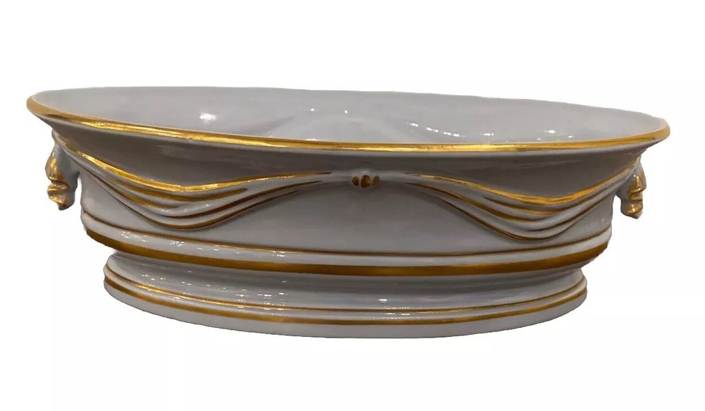 Vintage 1950s Blue & Gold Oval Porcelain Pottery Decorative Bowl