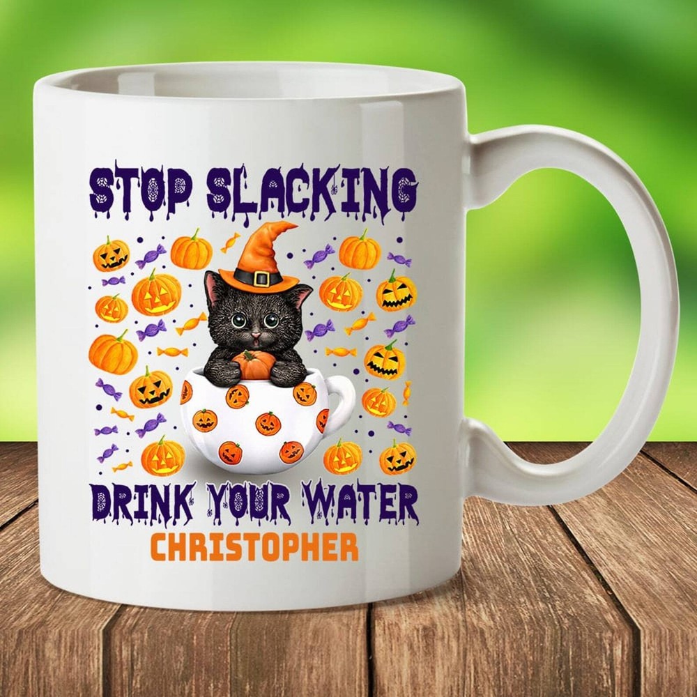 Personalized Black Cat Stop Slacking Drink Your Water Mug Gift For Halloween