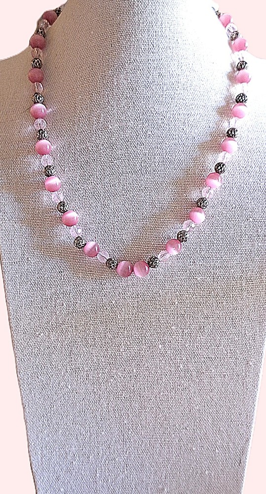Pink Cats Eye Stone Necklace Glass Beads Silver-tone Spacers Magnet Clasp 17