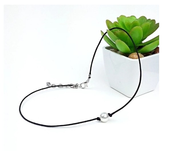 Faux Pearl Black Cord Choker Necklace Handmade Elegant Boho Style