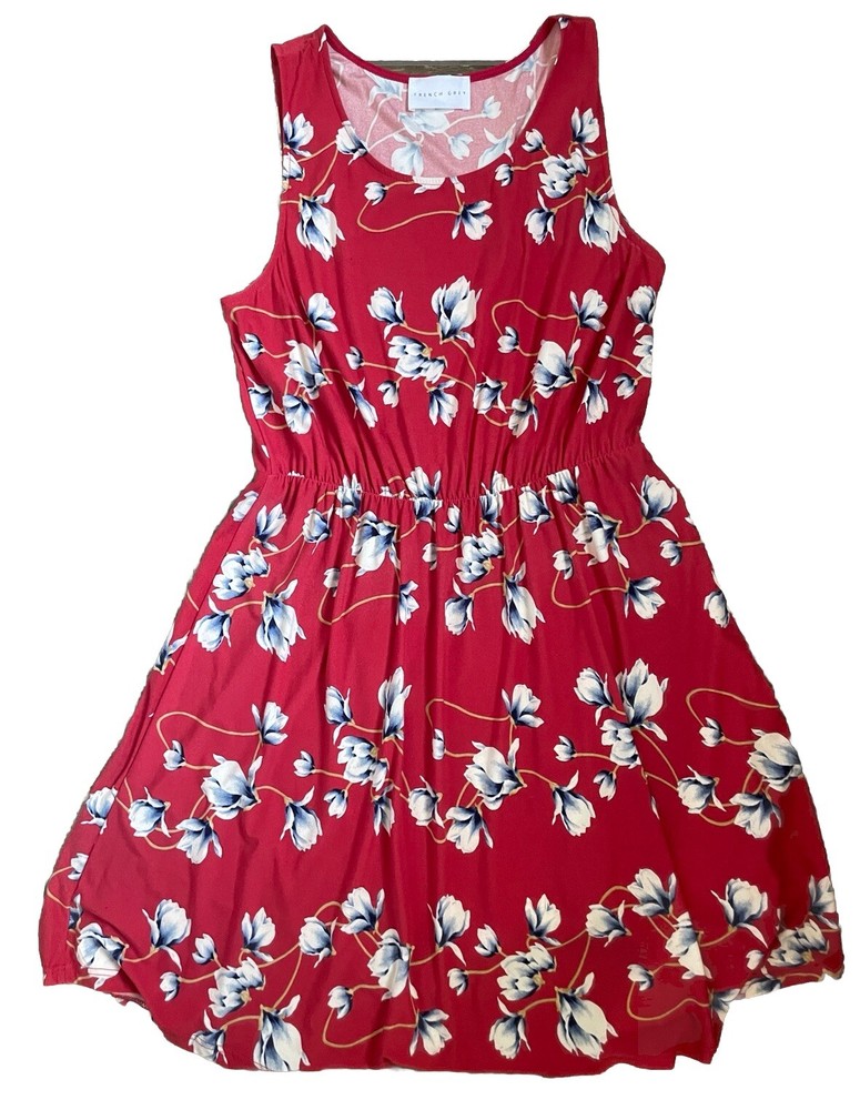 French Grey Red Evalynn Brushed Knit Floral Sleeveless Dress Large L Knee length