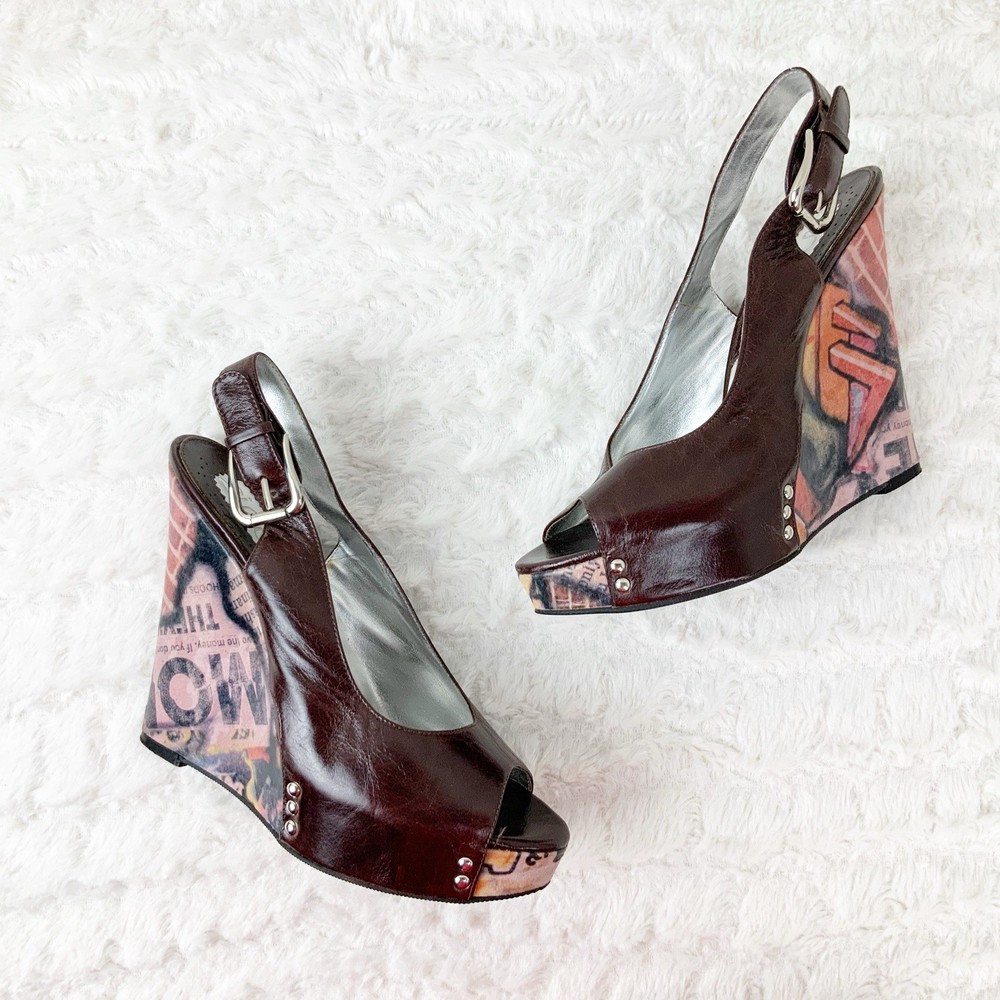 Zinc Leather Graffiti Newspaper Art Slingback Peep Toe Wedges 8.5