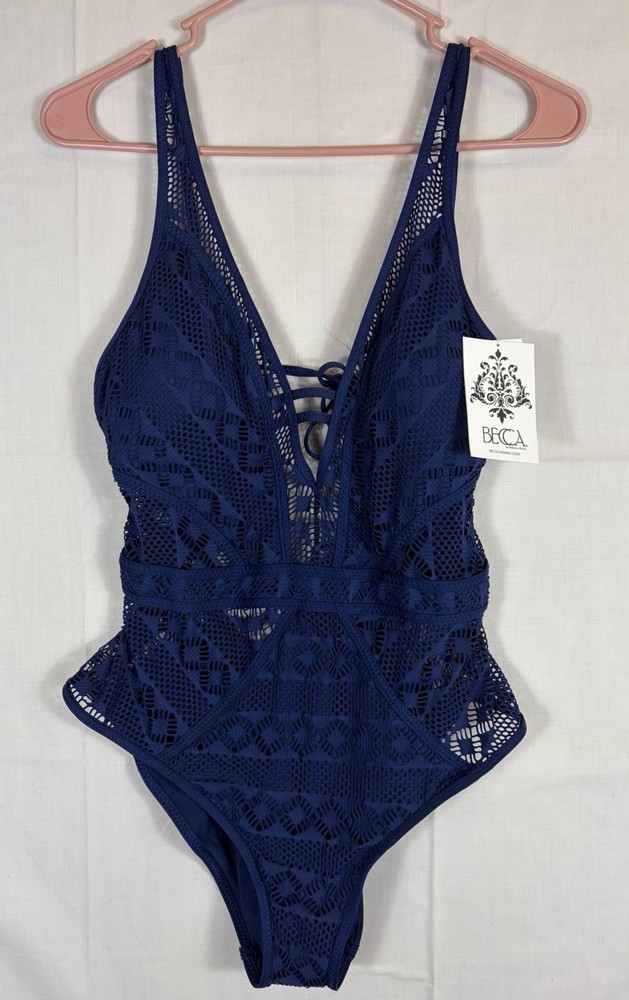 Becca By Rebecca Virtue One Piece Crochet Style Swimsuit Navy Blue Women’s L