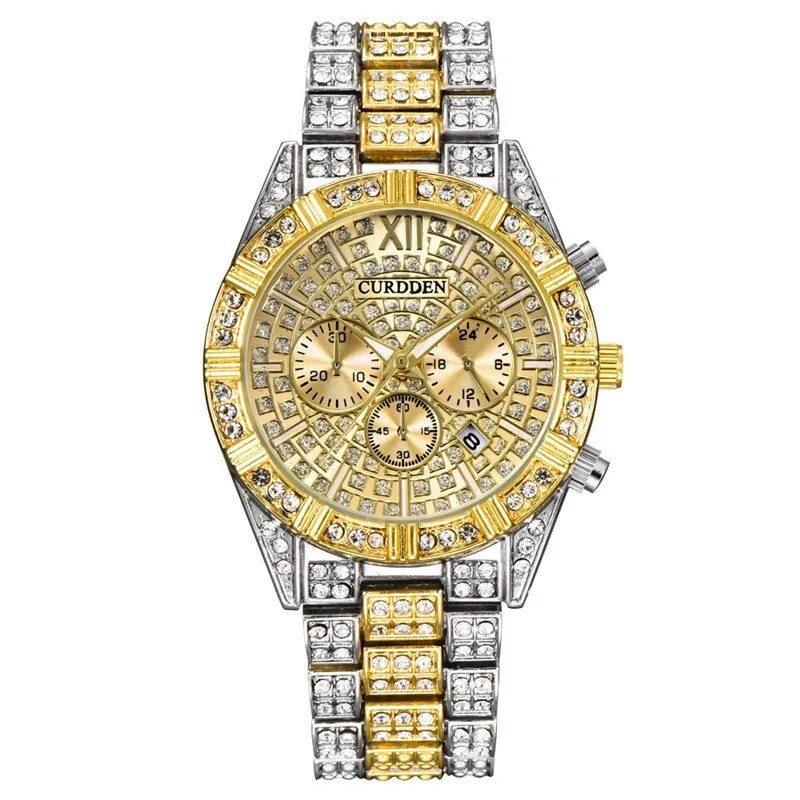 CURDDEN Premium Silver Gold Quartz Luxury Watch with Gems