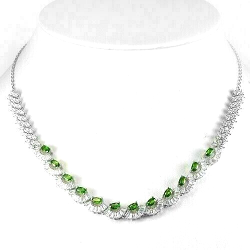 Silver Necklace Chrome Diopside Genuine Gems Solid Sterling 16 1/2 to 18 1/2 In
