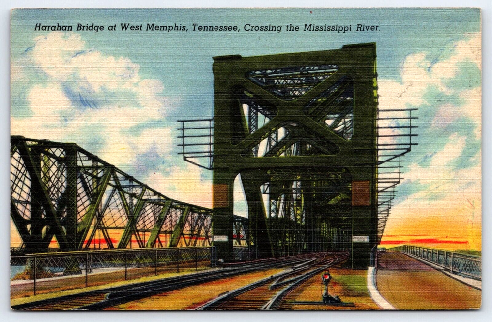 Original Old Vintage Postcard Harahan Bridge Mississippi River Memphis Tennessee