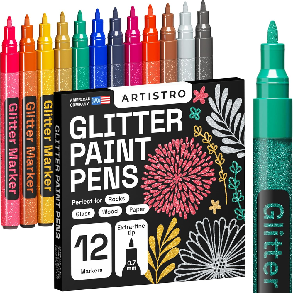 12 Glitter Paint Pens Sparkly and Shiny for Rock Painting, Stone, Ceramic, Glass