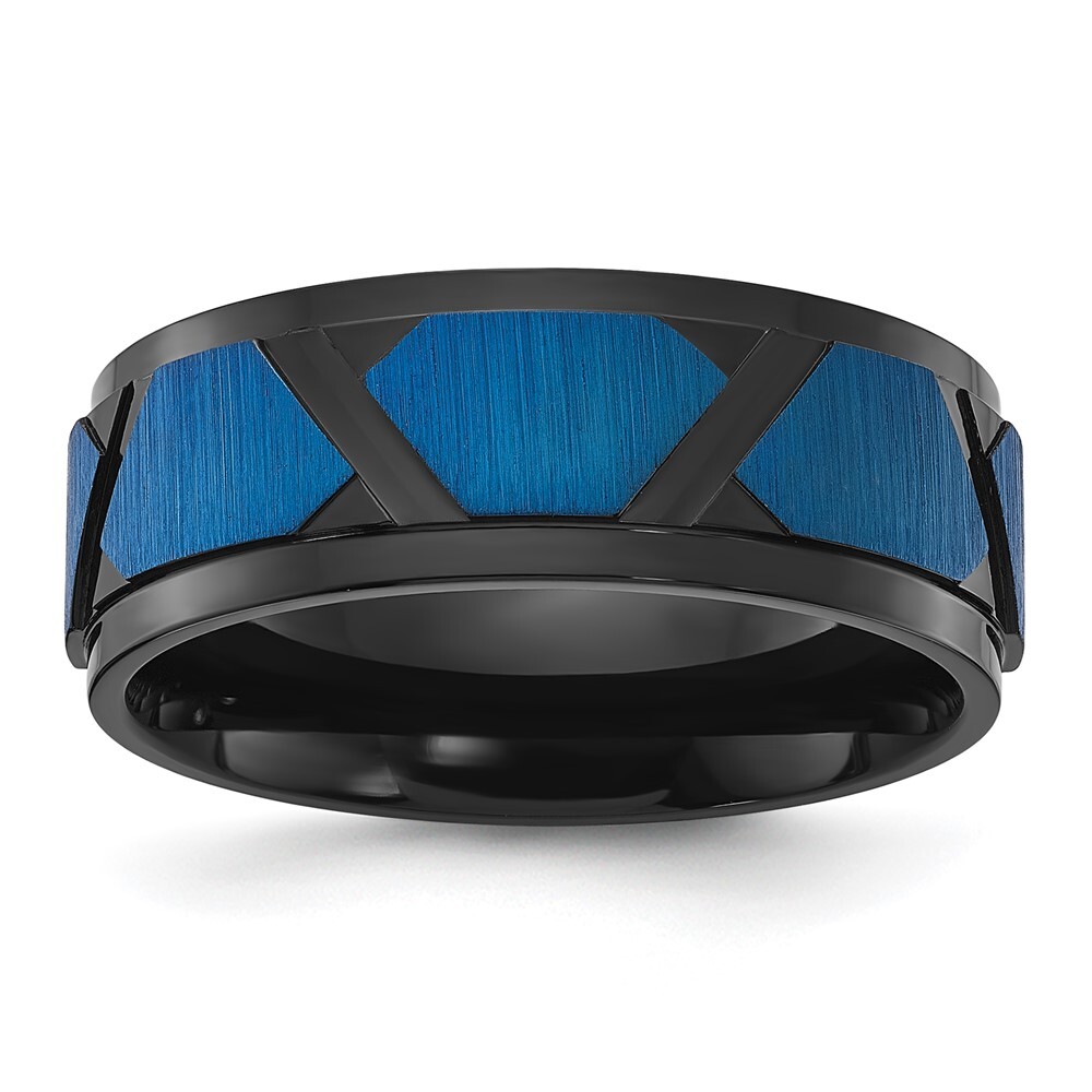 Titanium Brushed and Polished Black and Blue IP-plated 8mm Band Ring Size 11