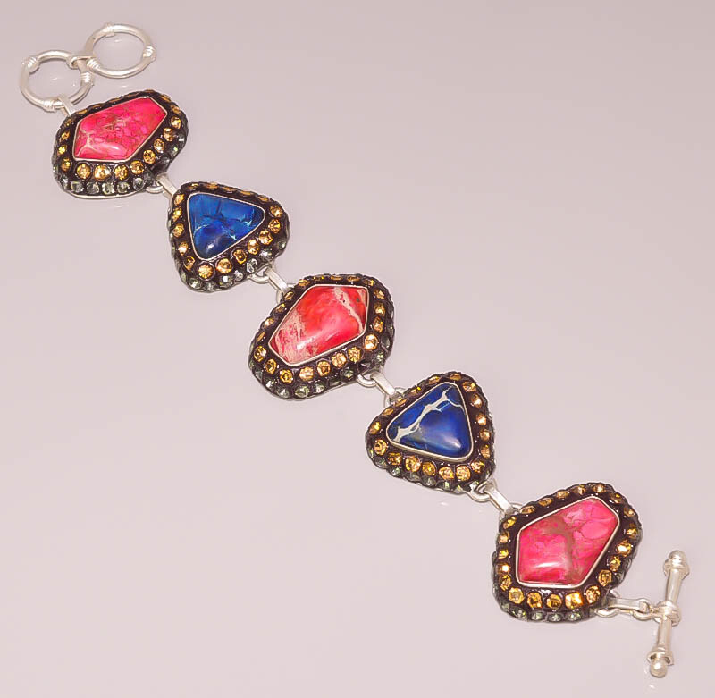 Red Blue Sea Sediment Jasper Pave Jewelry 925 Sterling Silver Plated Bracelet