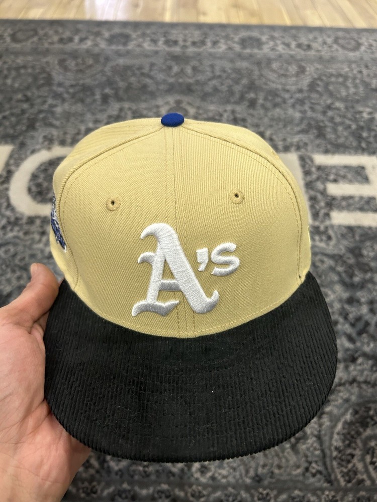 Size 7- Oakland A’s World Series New Era Cap -Tan - Black- Corduroy- Blue Brim