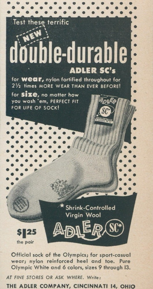 1950 Adler SCs Socks Double Durable Official Olympics Wool Vintage Print Ad L12