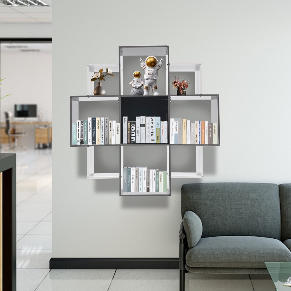 3-Tier Modern Wall Mounted Bookcase with 9 Storage Compartments