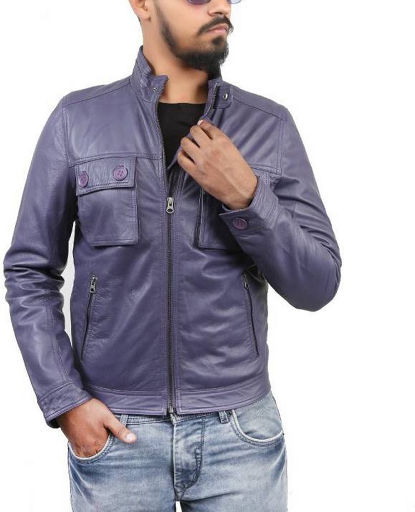 Men's Handmade Latest Blue Satin Biker Leather Coat -Jacket For Casual Wear