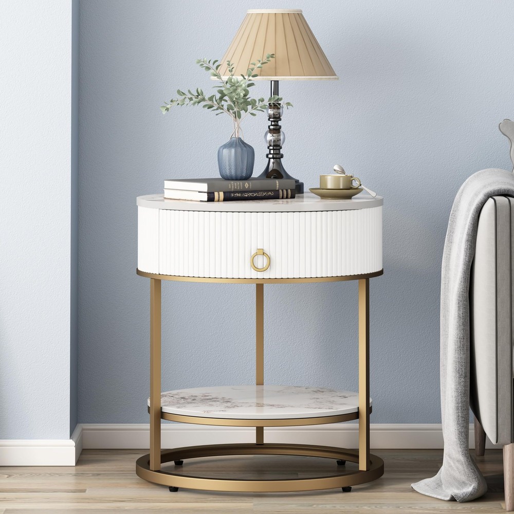 Modern Round Side Table with 2-Tier Shelf & Drawer, Nightstand