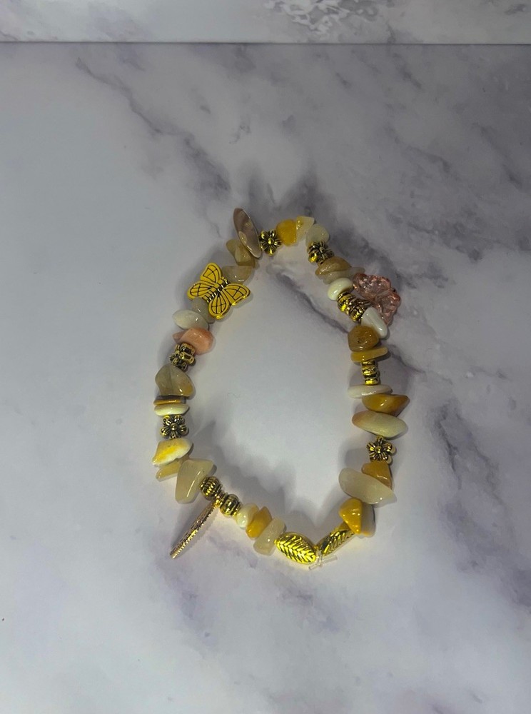 Yellow Stone Bracelet with Gold Accents & Butterfly Charm