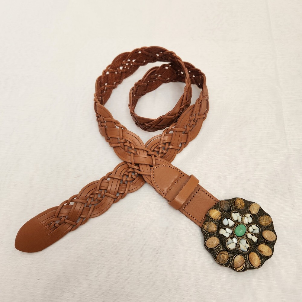 Cabi Belt Women's M Taupe Woven Leather Bronze Medallion Stones Western Cowgirl