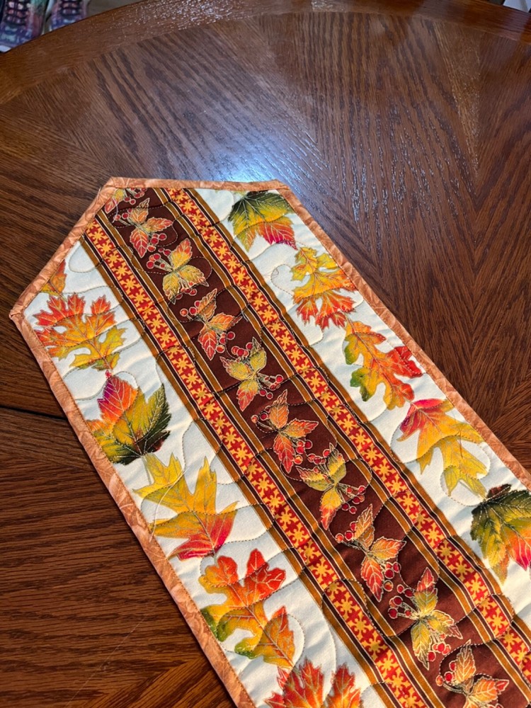Handcrafted-Quilted Table Runner -Autumn Leaves, New 2024 Orange/Gold -9