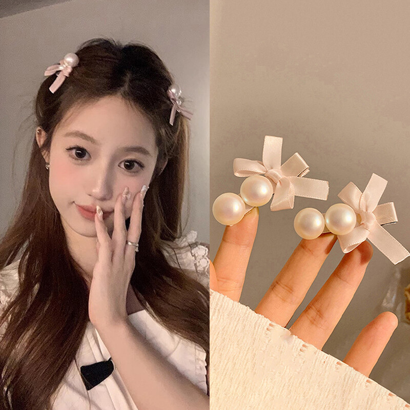 2PCS Korean Style Exquisite Bow Pearl Hairpins Fashion Temperament Duckbill Clip