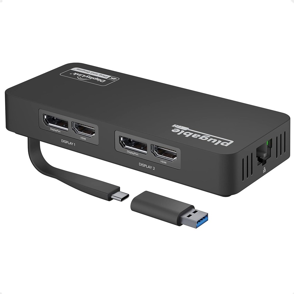 Plugable 4K DisplayPort and HDMI Dual Monitor Adapter with Ethernet for Black