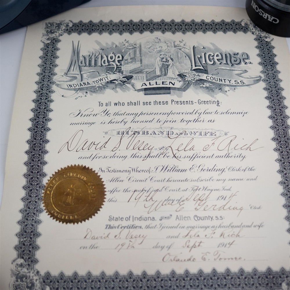 WWI Era Antique 1914 Marriage License Allen County Indiana