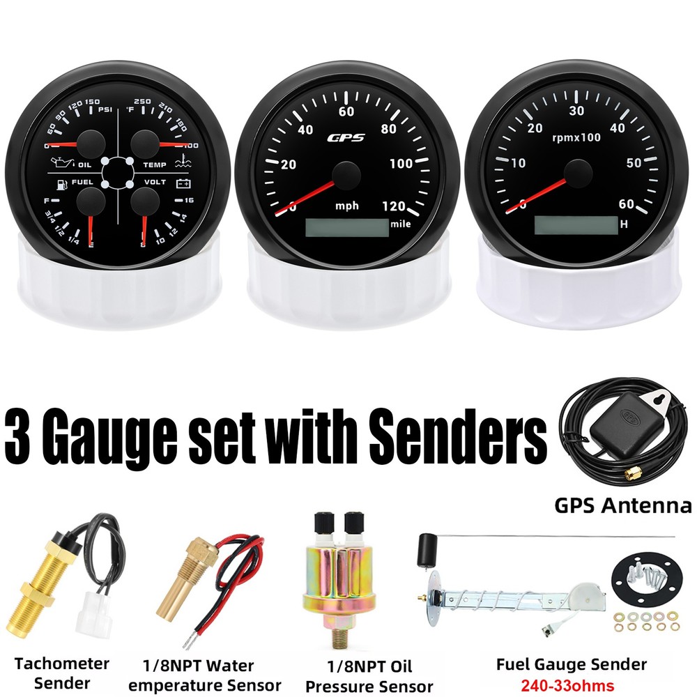 85mm GPS Speedometer 120MPH Tacho & 4 in 1 Multifunction Gauge set With Senders
