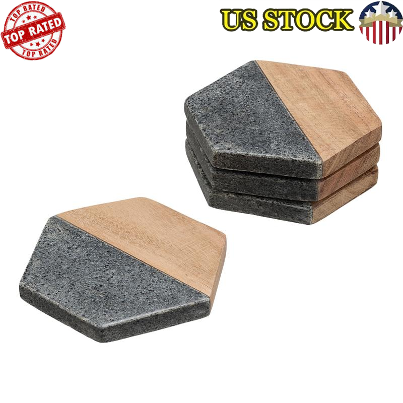 Wood Stone Coaster Set 4-Piece Modern Hexagonal Design Natural Material New