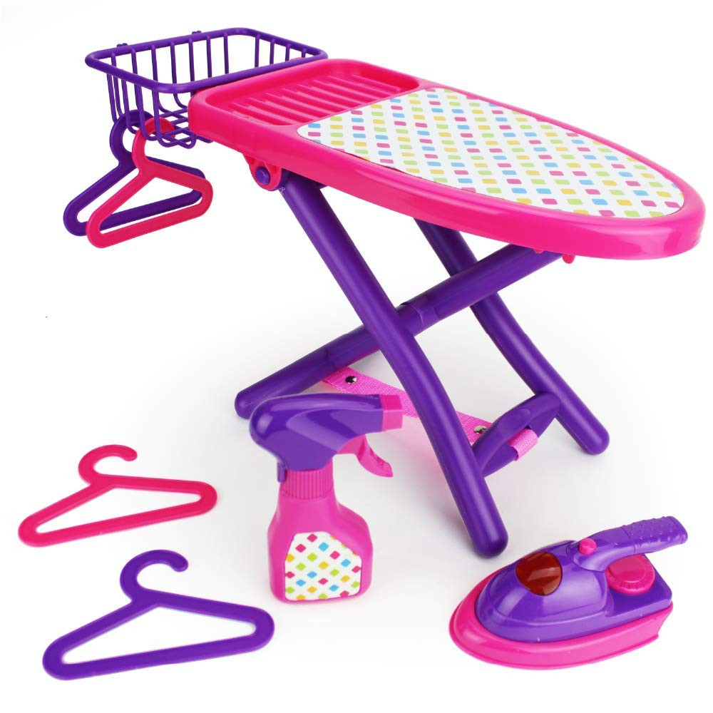 Pretend Play Laundry Playset - 8-Piece Pink and Purple Toy Ironing Board Set ...