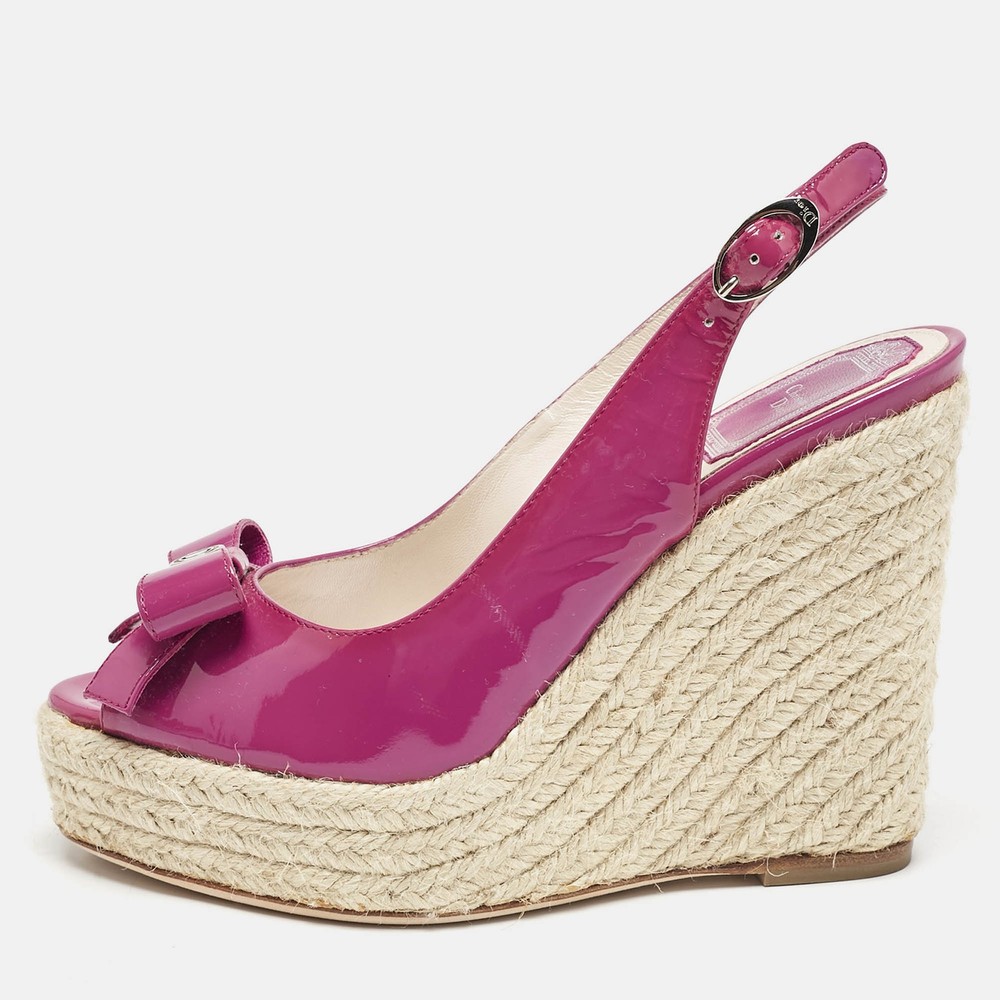 Dior Pink Patent Leather Bow Espadrille Wedge Sandals Size 36