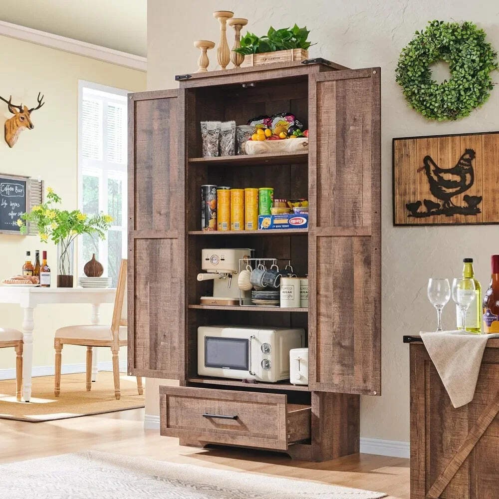 72-Inch Tall Farmhouse Wood Pantry Storage Cabinet for Kitchen