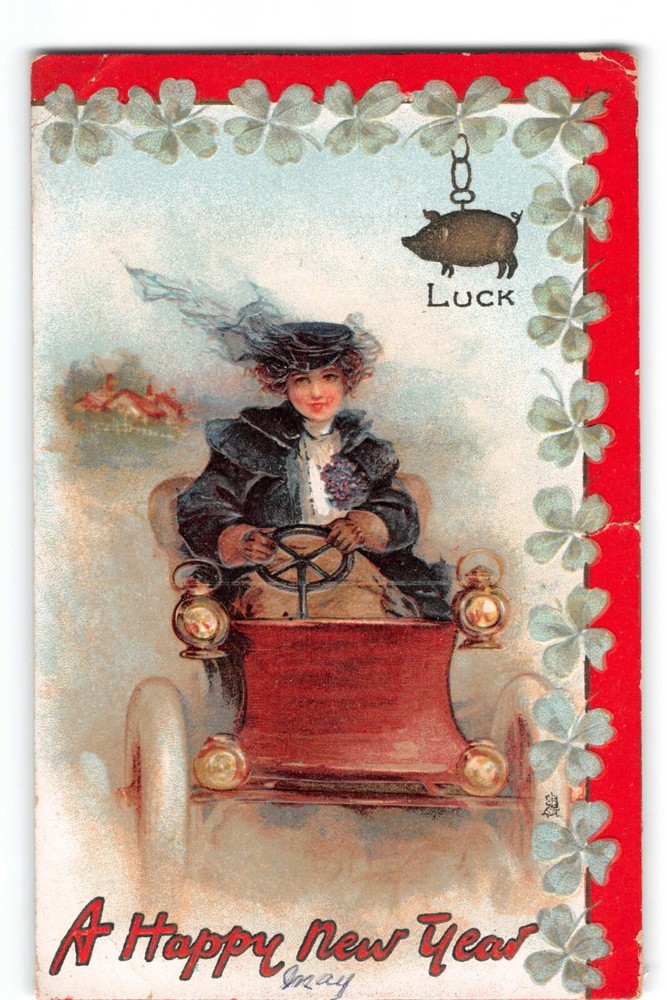 Vintage New Year Postcard - Woman Driving Car with Good Luck Charms Tuck's 1909-image