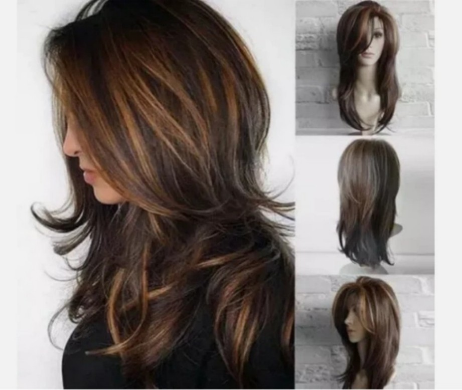 Women Dark Brown w/Gold Highlight Ombre Shoulder Length Curly Hair Wig&&&&&&&