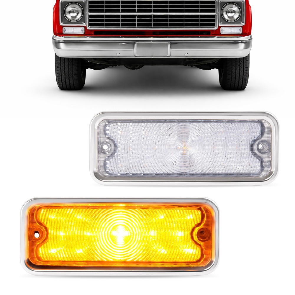 Amber LED Parking Light Lamp Clear Lens Stainless Trim For Chevy GMC Truck 73-80