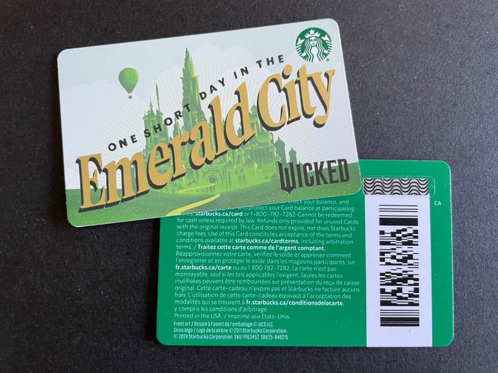 Starbucks Gift Card Wicked One Short Day in the Emeral City French Candian Text-image