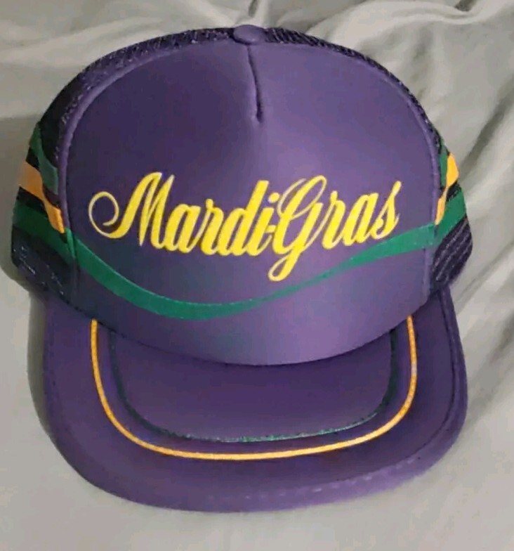 Vintage Mardi Gras Hat Cap Snap Back Purple Yellow Three Stripe Trucker Mens 90s
