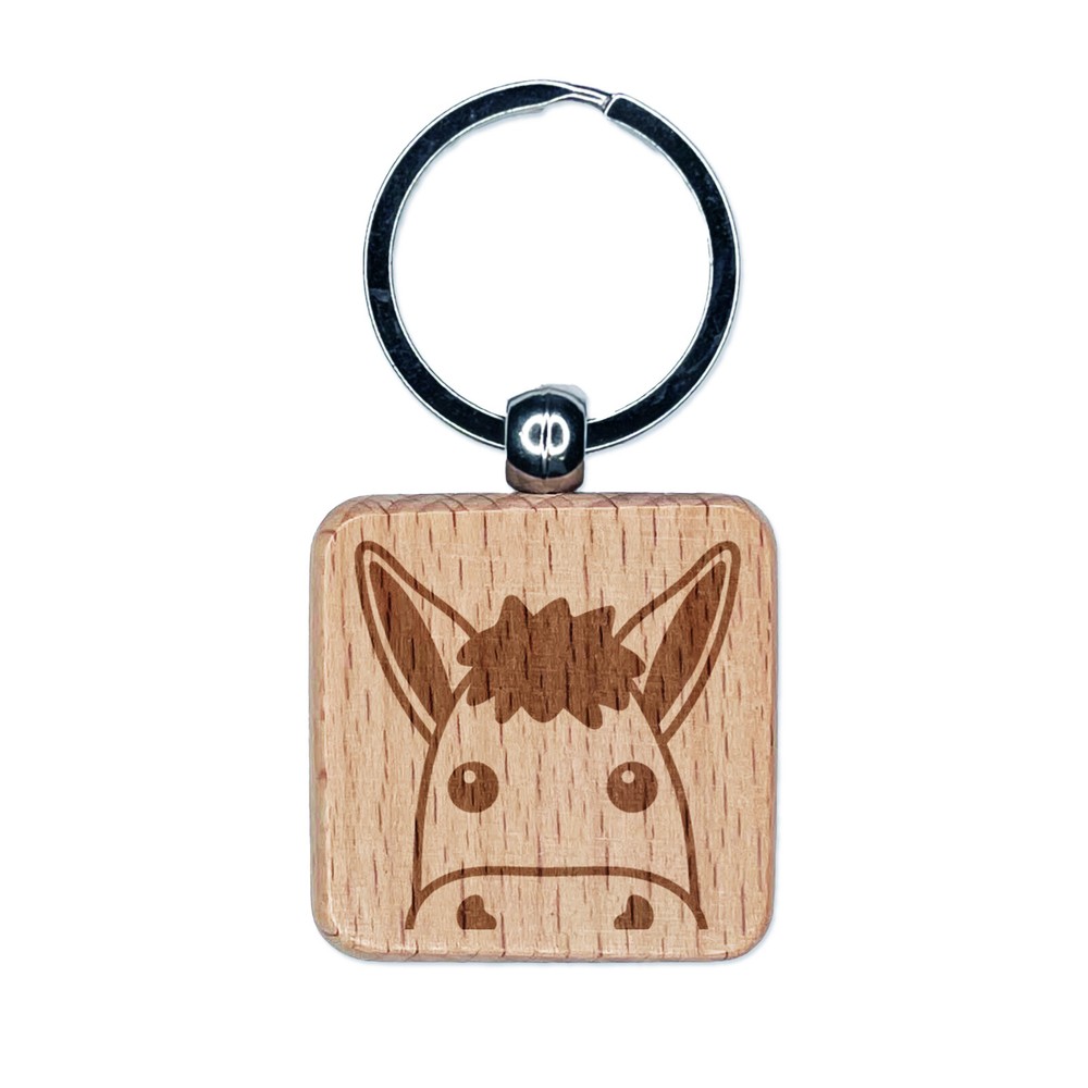 Peeking Donkey Engraved Wood Square Keychain Tag Charm