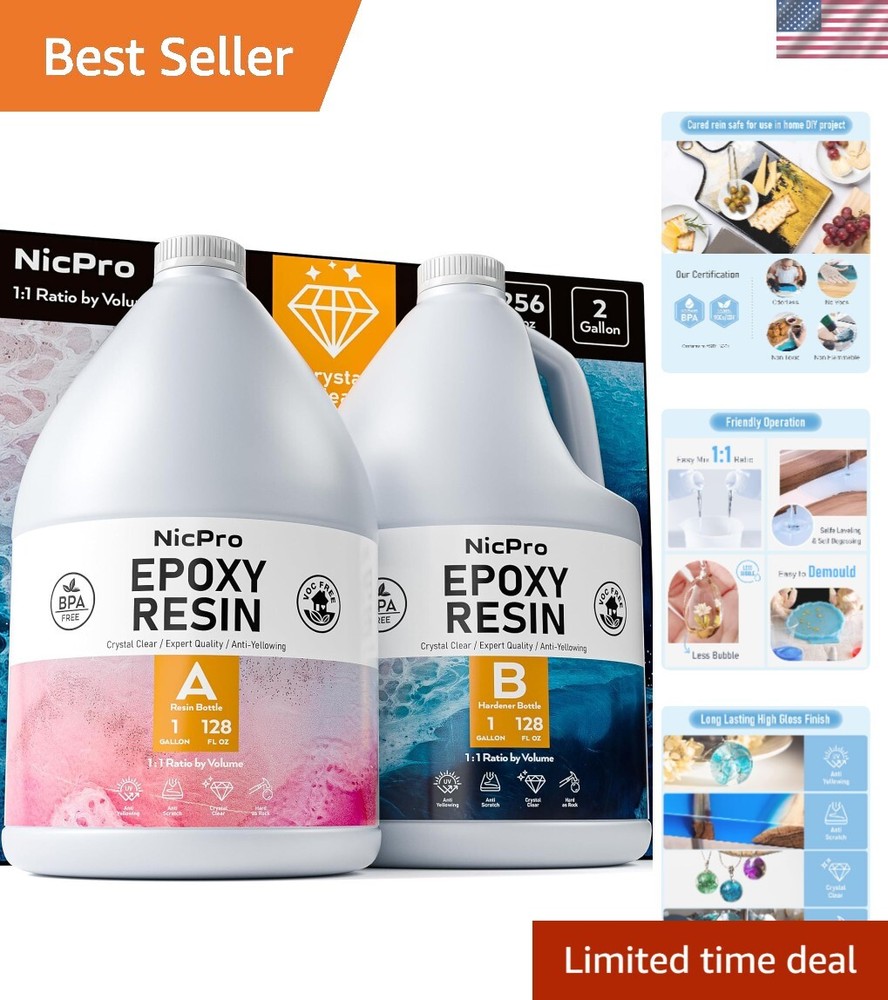 2 Gallon Crystal Clear Epoxy Resin Kit, Not Yellowing & Bubbles Free Food Saf...