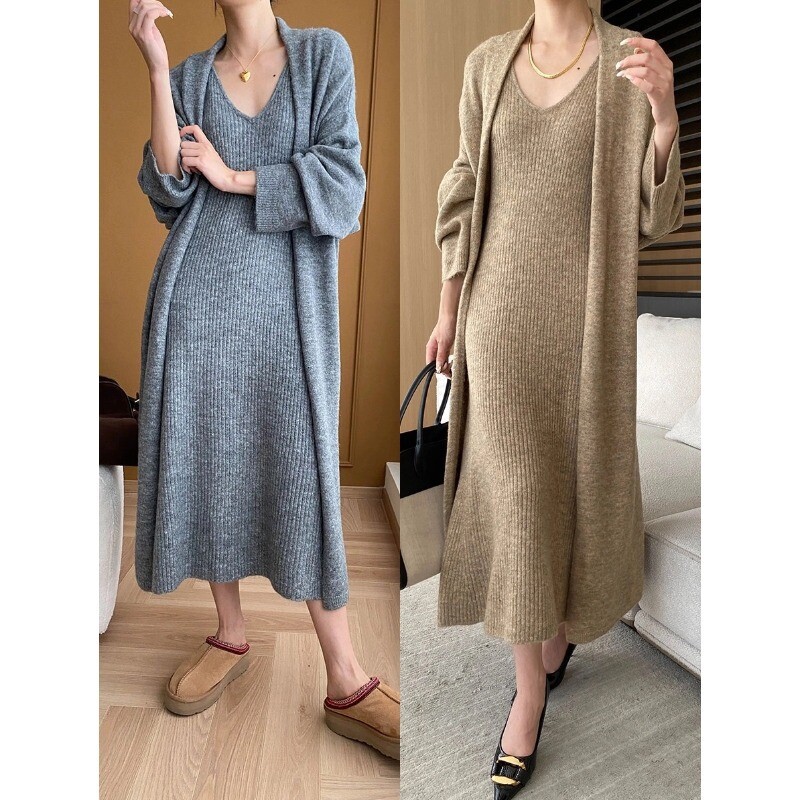 V-neck Knitted Dress Cardigan Two-piece Set Autumn Womens Casual Suit Sweater