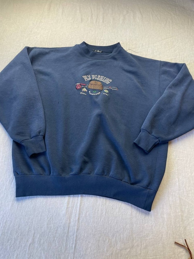 Vintage Fly Fishing Pullover Sweatshirt Outdoor Grandpa Large Blue Crew Neck