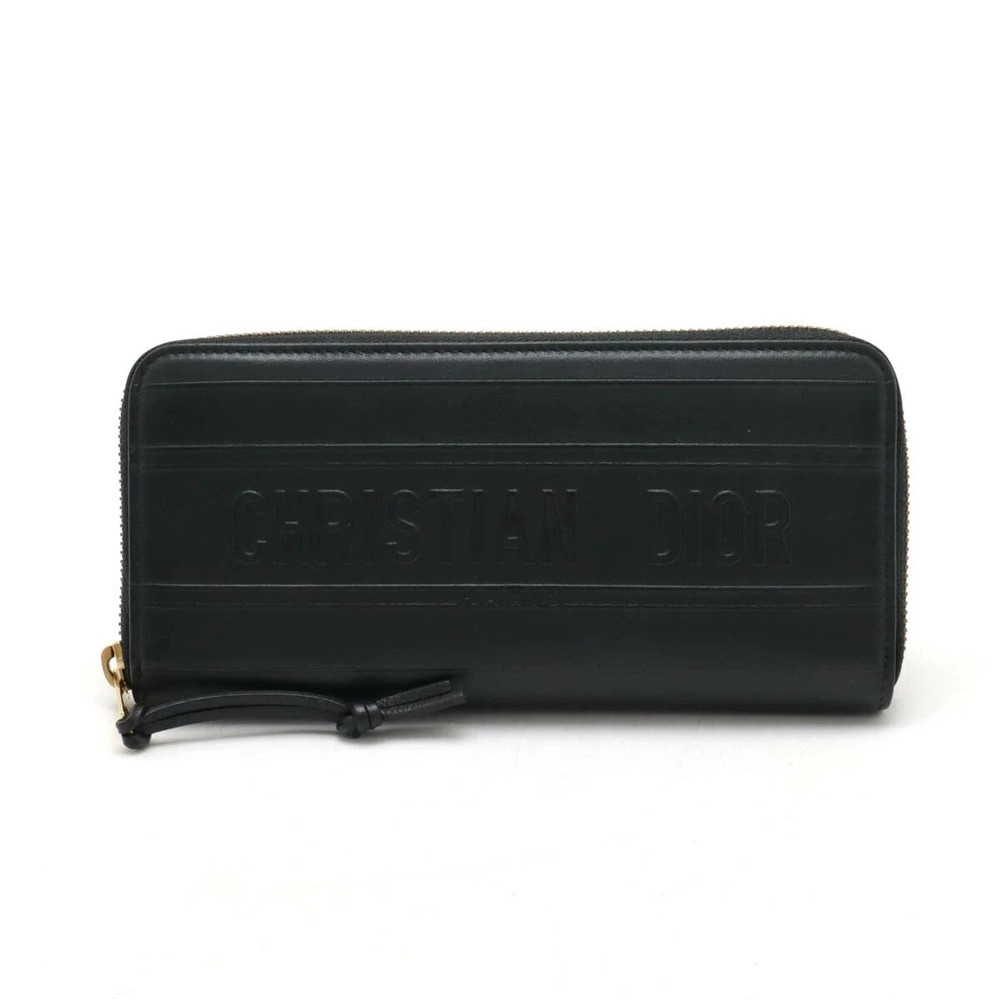 Christian Dior Black Leather Embossed Logo Zip Around Long Wallet with Box Authentic