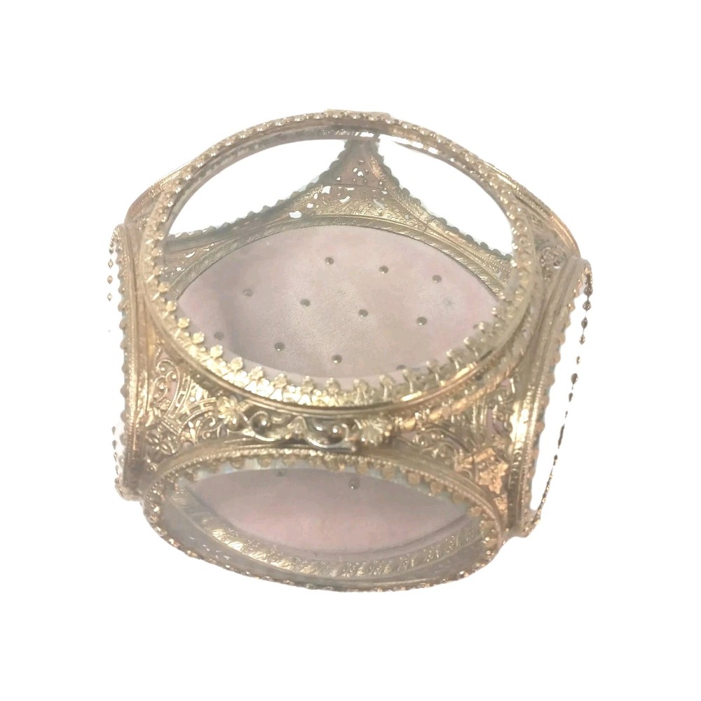 French Antique Gold Tone Filigree Beveled Glass Jewelry  3 Legs