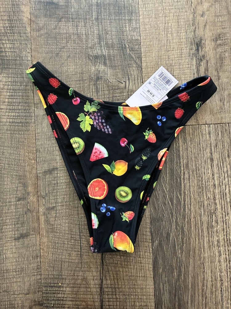 Wild Fable Women's Fruit Print Nylon Lined Mid Rise Bikini Swim Bottom Black S