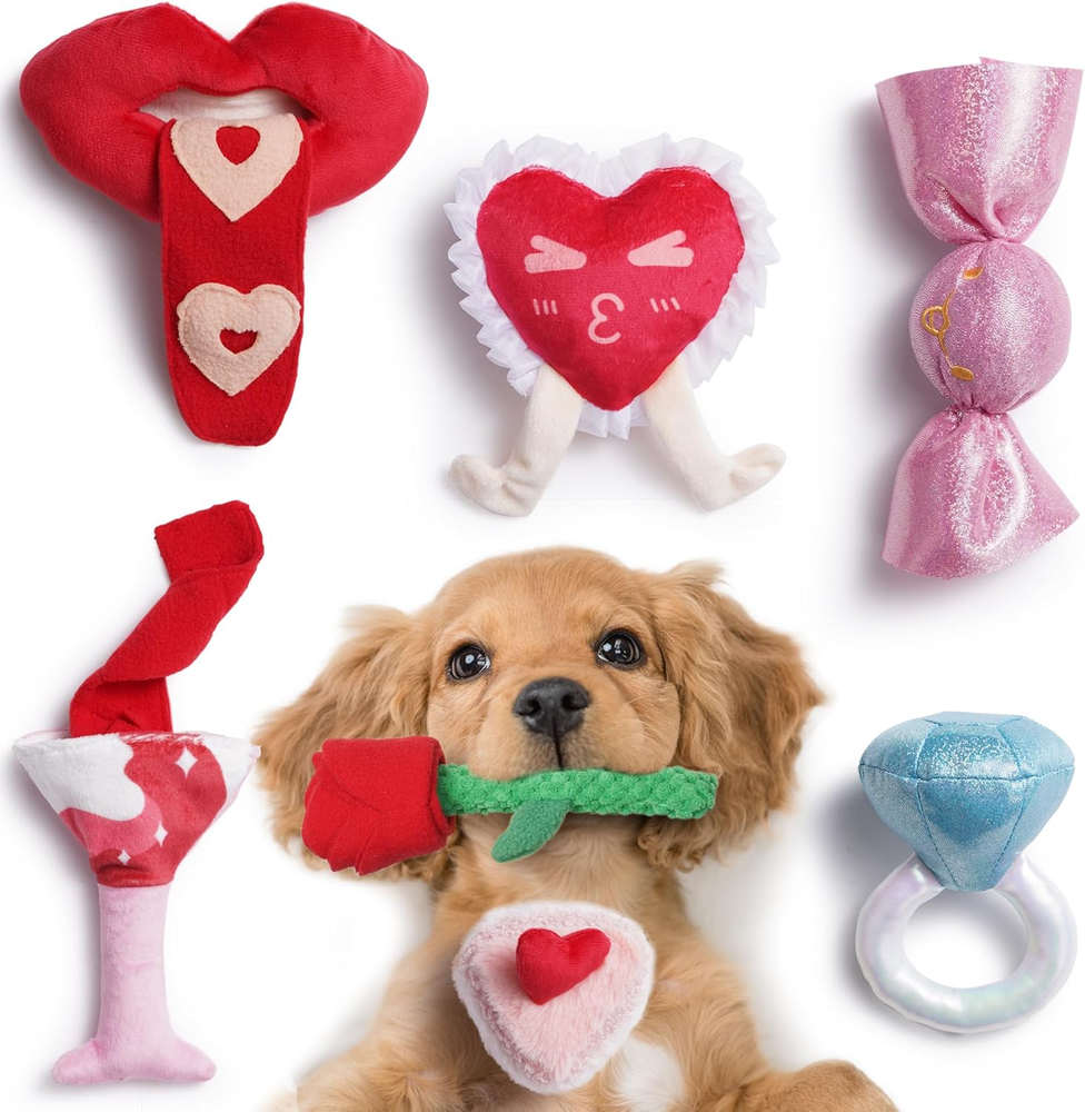 Squeaky Valentines Dog Toys, Cute Plush Stuffed Crinkle Rose Heart Puppy Toys to