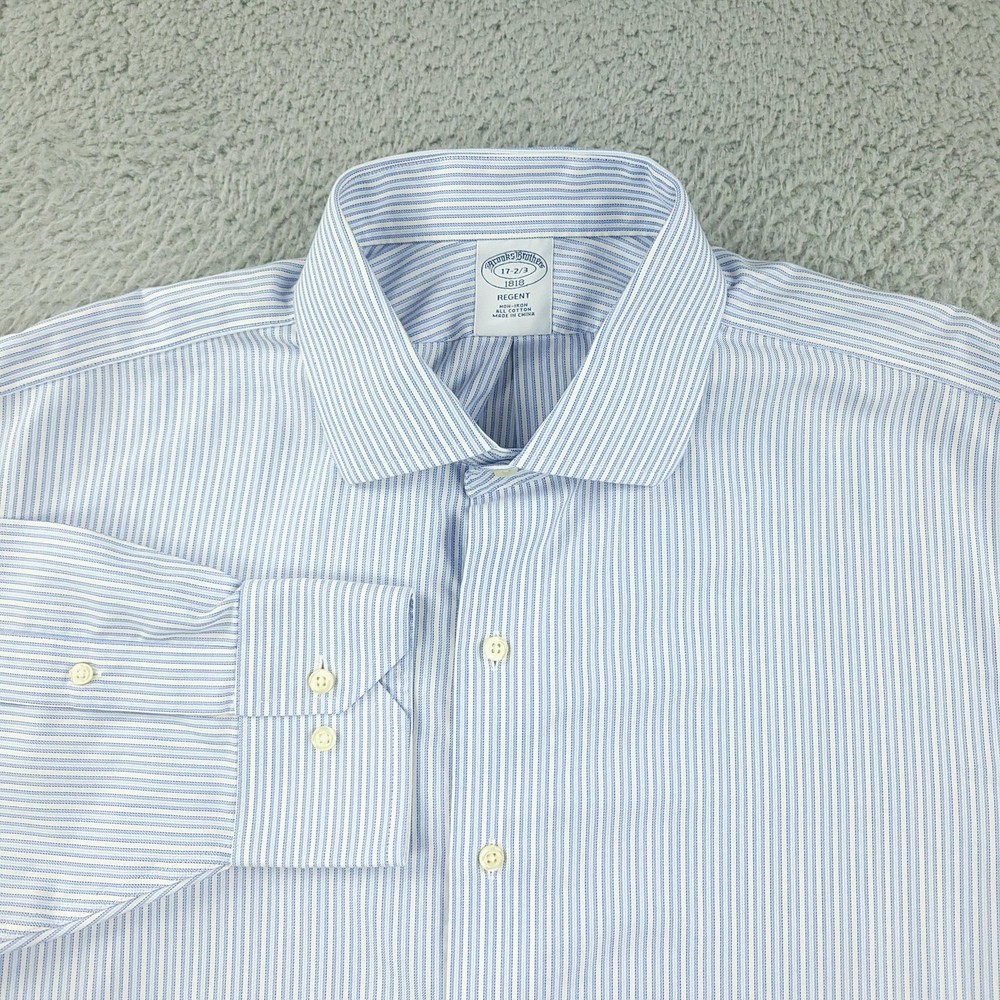 Brooks Brothers Dress Shirt Mens 17.5 34/35 Blue Stripe Regent Non Iron Cotton