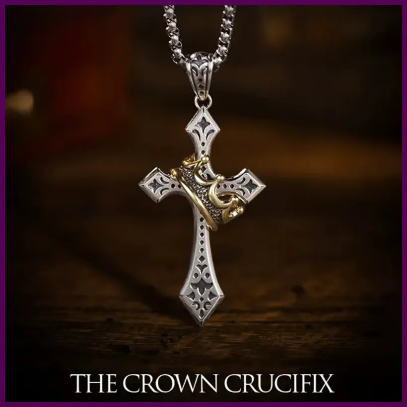 Stainless Steel Punk Cross with Crown Pendant Necklace for Men Women Vintage