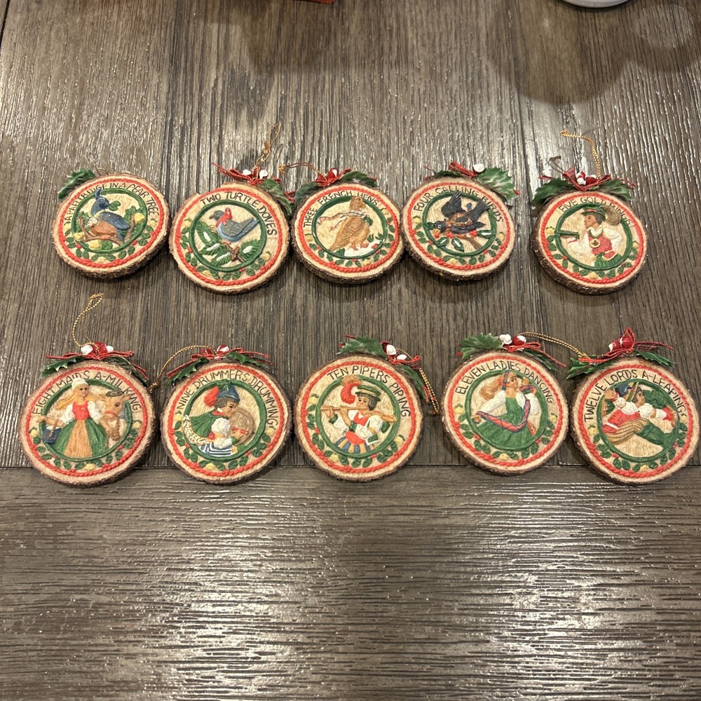 Twelve 12 Days of Christmas Ceramic Double 2 Sided Holiday Ornaments set of 10-image